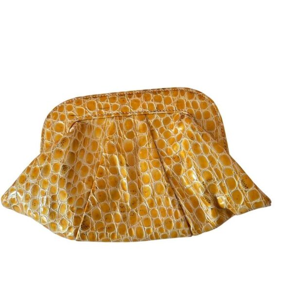 Lauren Merkin Womens Alligator Print Floral Lining Clutch Bag Yellow - Picture 1 of 9